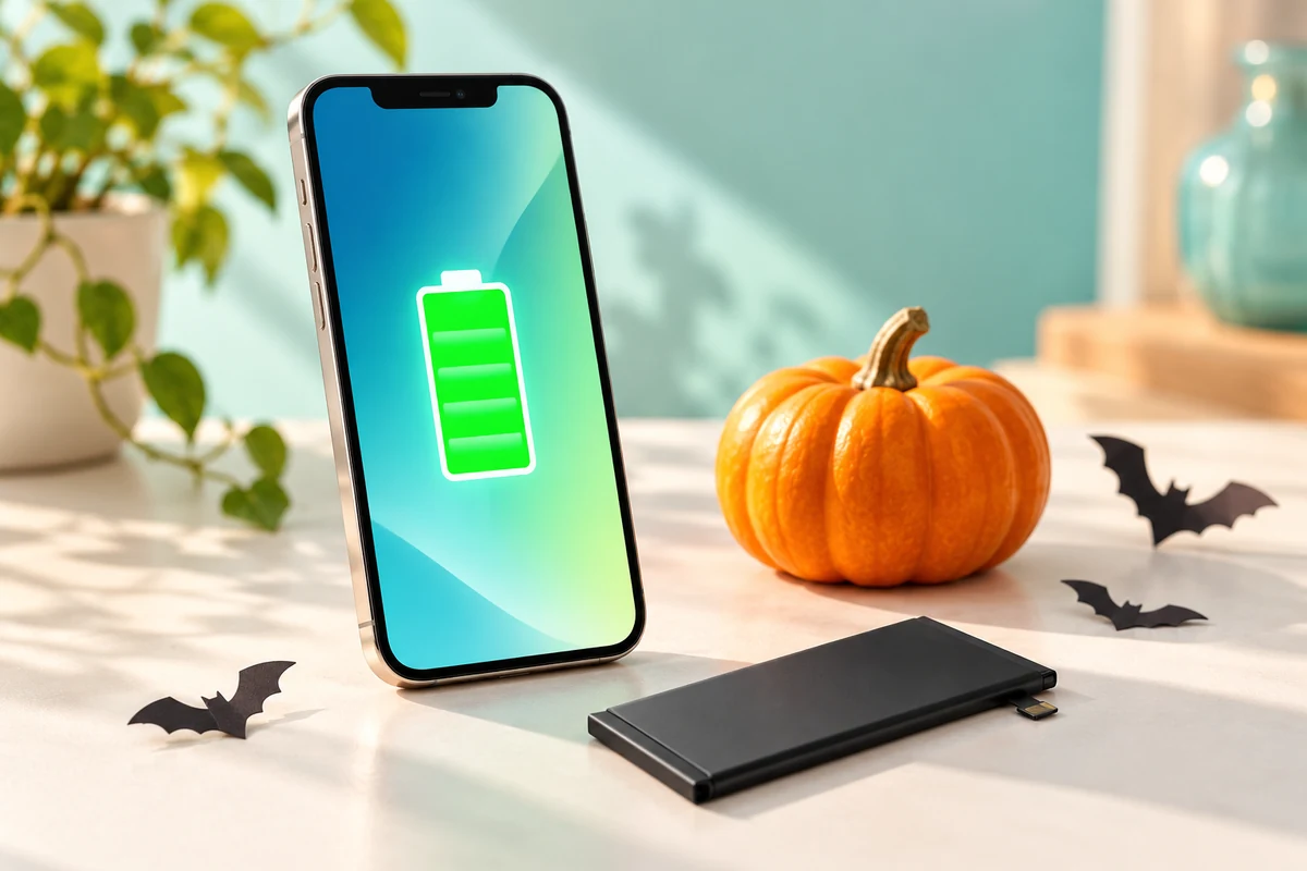 Halloween Battery Week techScout: smartphone con batteria carica e dettagli Halloween, immagine illustrativa